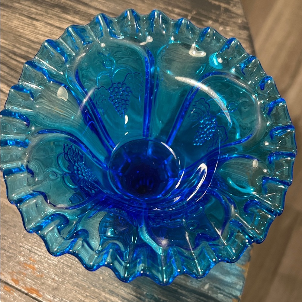 Blue Glass Ruffled Edge Compote, Cottage Core, Boho chic - Picture 5 of 10